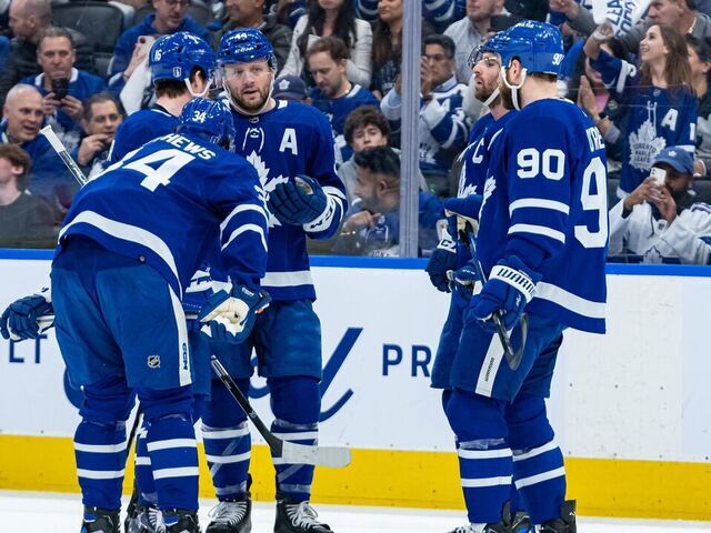 TORONTO, ON - MAY 04: Toronto Maple Leafs players consult each other during the Round 2 NHL Stanley Cup Playoffs Game 2 between the Florida Panthers and the Toronto Maple Leafs on May 4, 2023, at Scotiabank Arena in Toronto, ON, Canada.