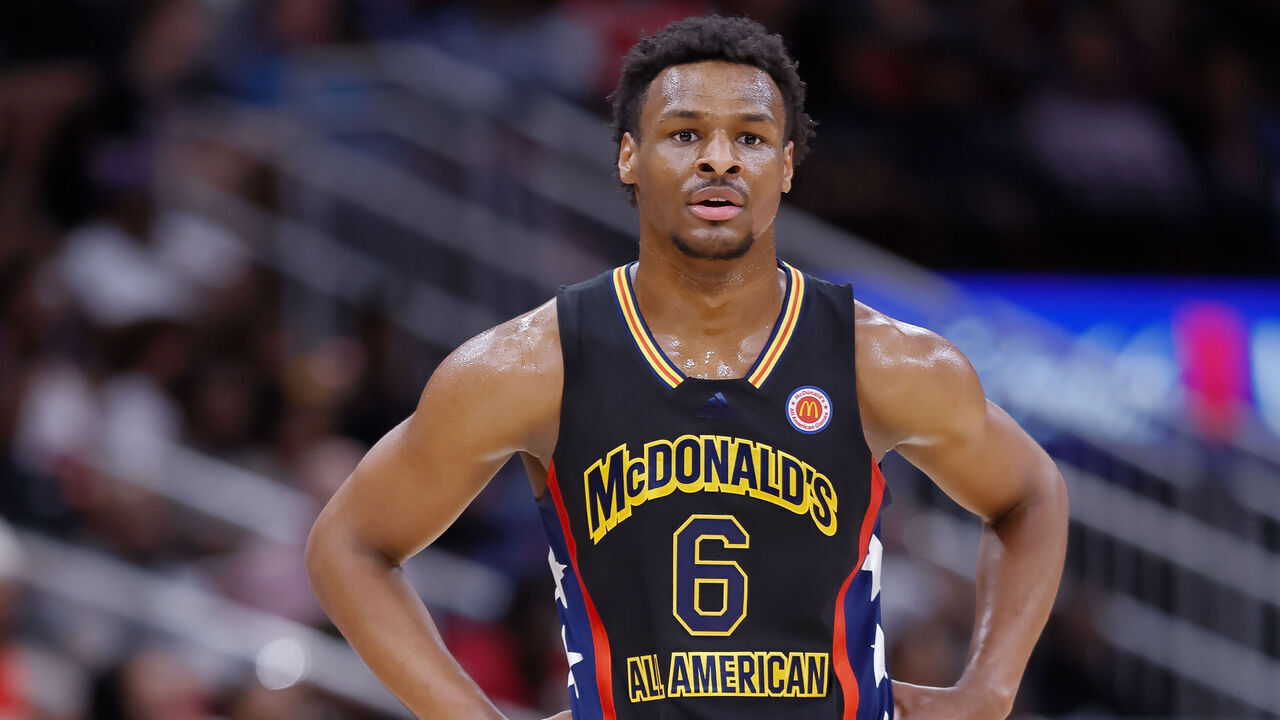 HOUSTON, TX - MARCH 28: Bronny James #6 of McDonald's All American Boys West is seen during the McDonalds All American Basketball Games at Toyota Center on March 28, 2023 in Houston, Texas.