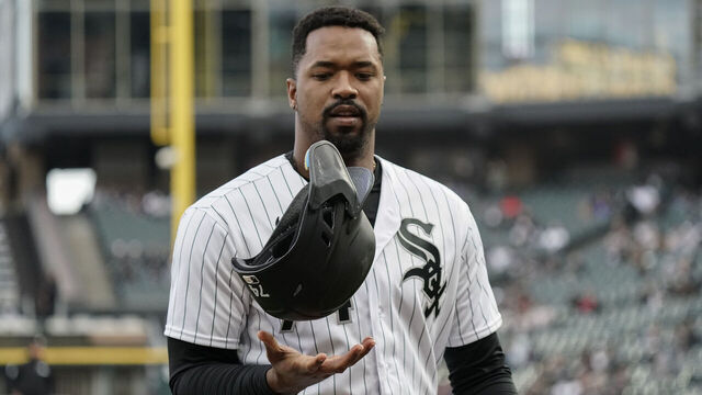 CHICAGO, ILLINOIS - APRIL 28: Eloy Jimenez #74 of the Chicago White Sox reacts at the end of the first inning against the Tampa Bay Rays at Guaranteed Rate Field on April 28, 2023 in Chicago, Illinois.