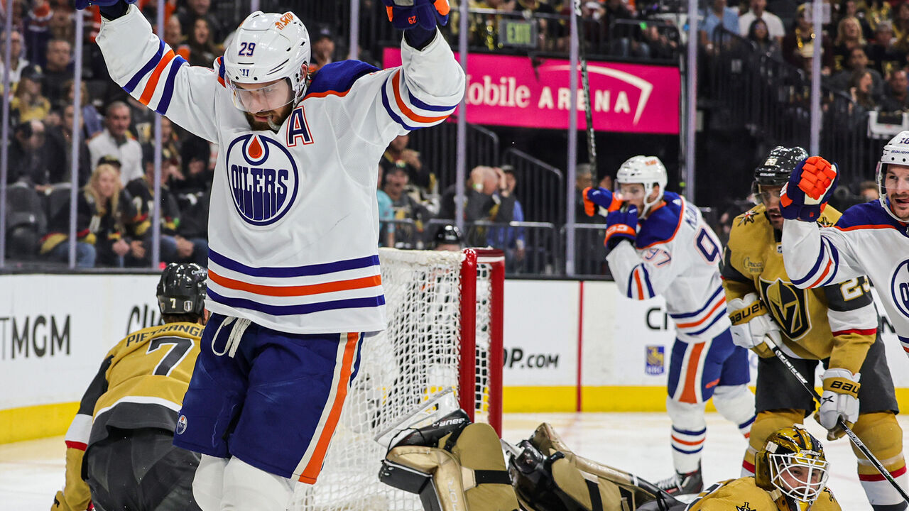 LAS VEGAS, NEVADA - MAY 06: Leon Draisaitl #29 of the Edmonton Oilers reacts after scoring a first-period power-play goal against Laurent Brossoit #39 of the Vegas Golden Knights in Game Two of the Second Round of the 2023 Stanley Cup Playoffs at T-Mobile Arena on May 06, 2023 in Las Vegas, Nevada.