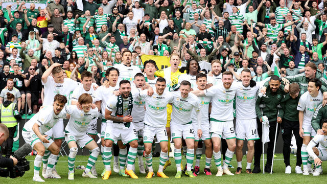 Celtic celebrate after the cinch Premiership match at Tynecastle Stadium, Edinburgh. Picture date: Sunday May 7, 2023.