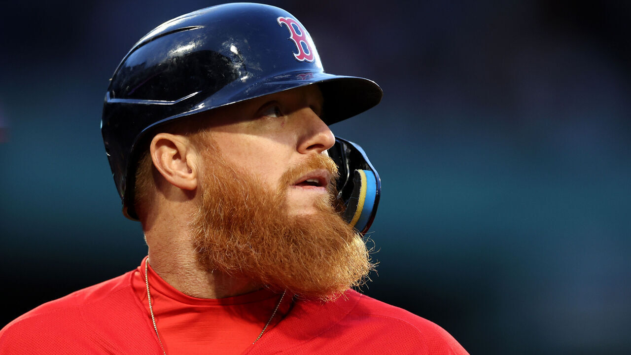 BOSTON, MASSACHUSETTS - MAY 04: Justin Turner #2 of the Boston Red Sox looks on during the fourth inning against the Toronto Blue Jays at Fenway Park on May 04, 2023 in Boston, Massachusetts.