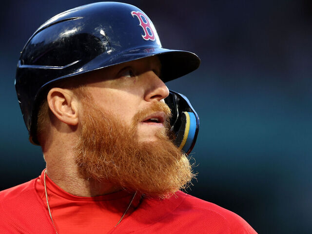 BOSTON, MASSACHUSETTS - MAY 04: Justin Turner #2 of the Boston Red Sox looks on during the fourth inning against the Toronto Blue Jays at Fenway Park on May 04, 2023 in Boston, Massachusetts.