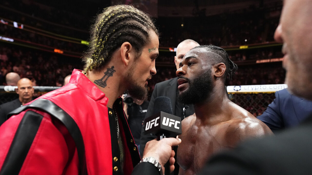 NEWARK, NEW JERSEY - MAY 06: (L-R) Sean O'Malley and Aljamain Sterling have words after Sterling's victory over Henry Cejudo in the UFC bantamweight championship fight during the UFC 288 event at Prudential Center on May 06, 2023 in Newark, New Jersey.