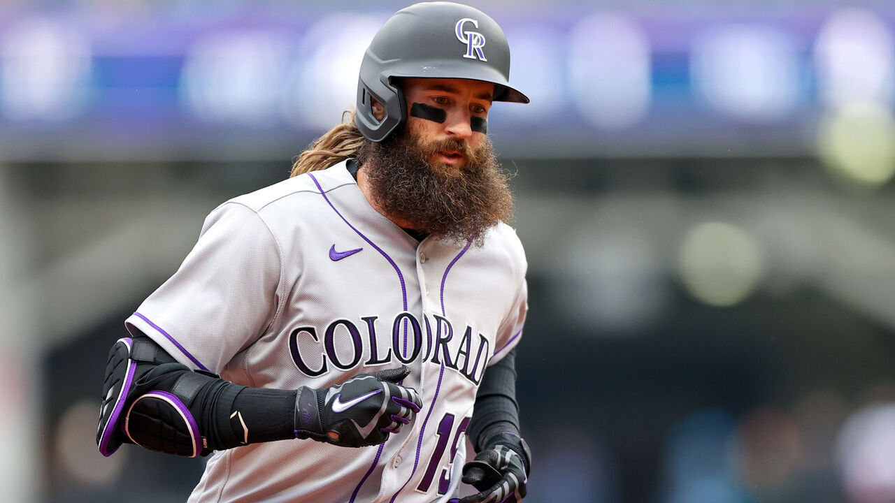 CLEVELAND, OH - APRIL 25: Colorado Rockies designated hitter Charlie Blackmon (19) rounds the bases after hitting a home run during the first inning of the Major League Baseball Interleague game between the Colorado Rockies and Cleveland Guardians on April 25, 2023, at Progressive Field in Cleveland, OH.