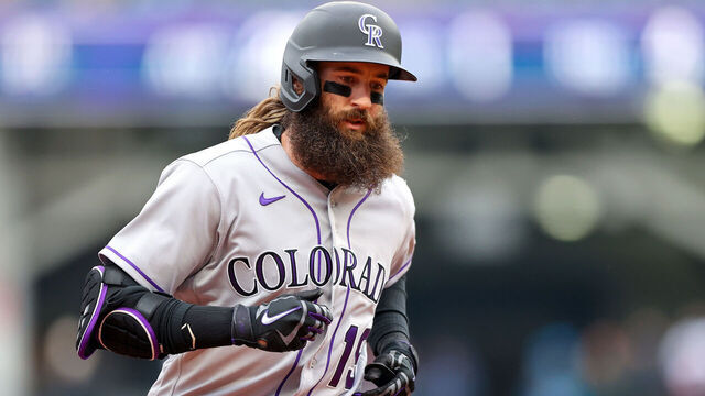 CLEVELAND, OH - APRIL 25: Colorado Rockies designated hitter Charlie Blackmon (19) rounds the bases after hitting a home run during the first inning of the Major League Baseball Interleague game between the Colorado Rockies and Cleveland Guardians on April 25, 2023, at Progressive Field in Cleveland, OH.