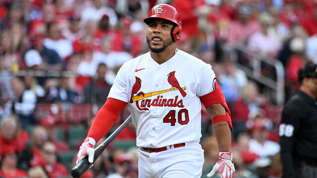 ST LOUIS, MO - MARCH 30: Willson Contreras #40 of the St. Louis Cardinals looks on against the Toronto Blue Jays on Opening Day at Busch Stadium on March 30, 2023 in St Louis, Missouri.