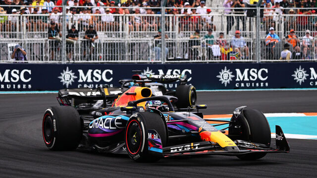 MIAMI, FLORIDA - MAY 07: Max Verstappen of the Netherlands driving the (1) Oracle Red Bull Racing RB19 leads George Russell of Great Britain driving the (63) Mercedes AMG Petronas F1 Team W14 during the F1 Grand Prix of Miami at Miami International Autodrome on May 07, 2023 in Miami, Florida.