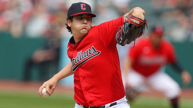 CLEVELAND, OH - MAY 07 : Cleveland Guardians starting pitcher Cal Quantrill (47) delivers a pitch to the plate during the seventh inning of the Major League Baseball game between the Minnesota Twins and Cleveland Guardians on May 7, 2023, at Progressive Field in Cleveland, OH.