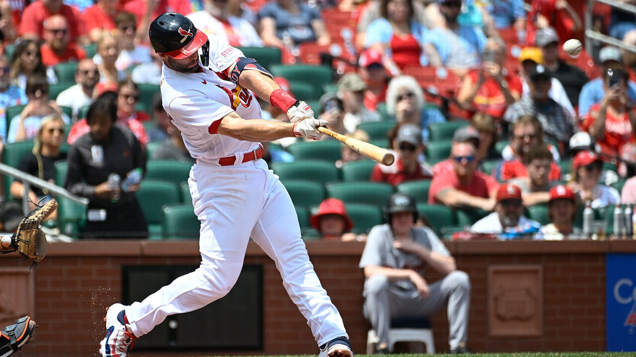 ST LOUIS, MO - MAY 07: Paul Goldschmidt #46 of the St. Louis Cardinals hits a solo home run against the Detroit Tigers in the first inning at Busch Stadium on May 7, 2023 in St Louis, Missouri.