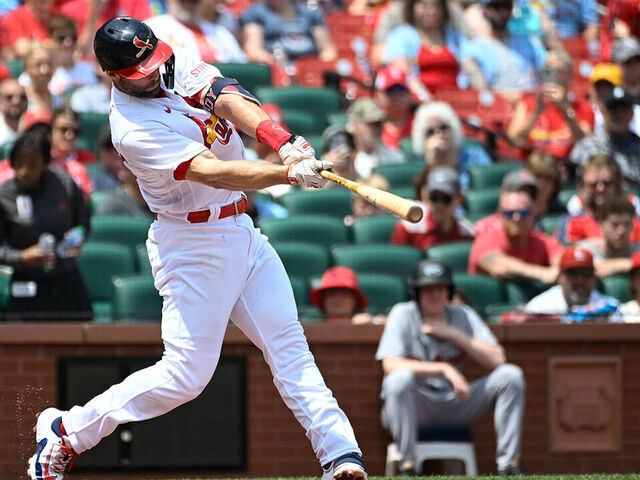 ST LOUIS, MO - MAY 07: Paul Goldschmidt #46 of the St. Louis Cardinals hits a solo home run against the Detroit Tigers in the first inning at Busch Stadium on May 7, 2023 in St Louis, Missouri.