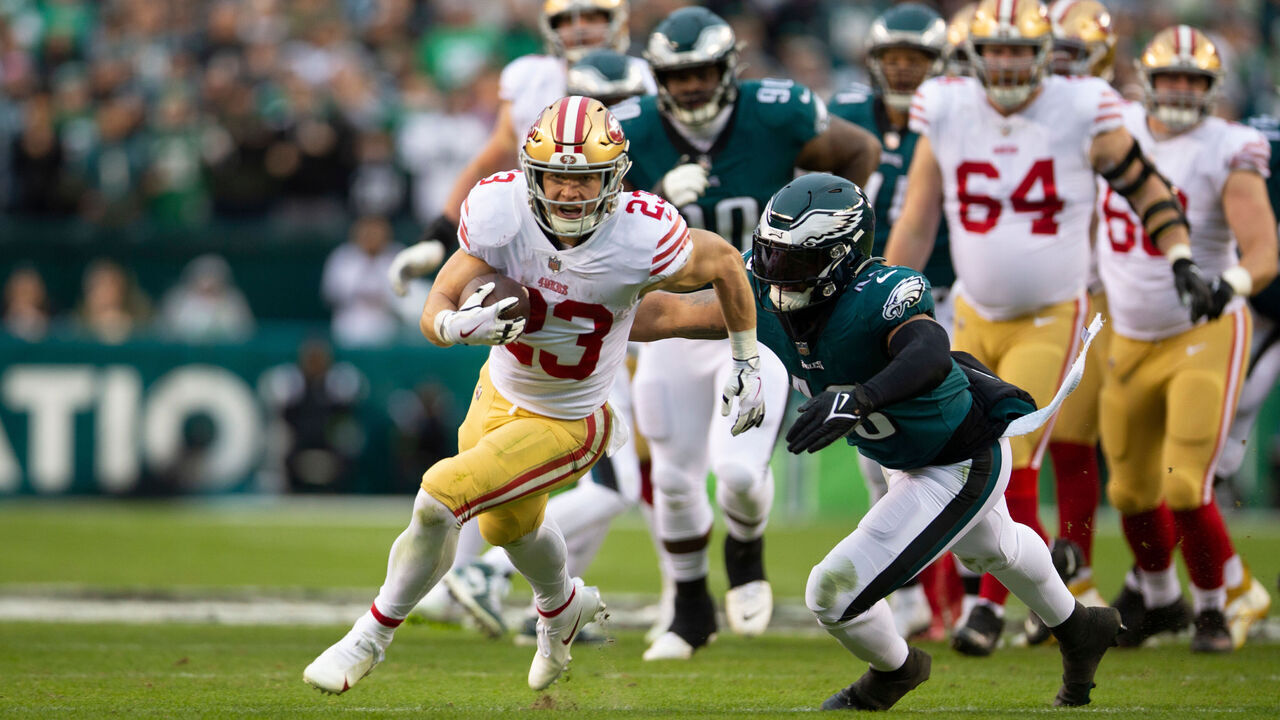 PHILADELPHIA, PA - JANUARY 29: Christian McCaffrey #23 of the San Francisco 49ers rushes during the NFC Championship playoff game against the Philadelphia Eagles at Lincoln Financial Field on January 29, 2023 in Philadelphia, Pennsylvania. The Eagles defeated the 49ers 31-7.