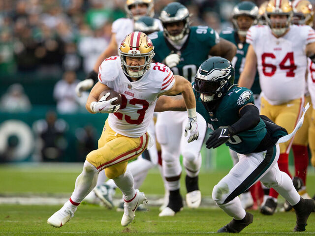 PHILADELPHIA, PA - JANUARY 29: Christian McCaffrey #23 of the San Francisco 49ers rushes during the NFC Championship playoff game against the Philadelphia Eagles at Lincoln Financial Field on January 29, 2023 in Philadelphia, Pennsylvania. The Eagles defeated the 49ers 31-7.