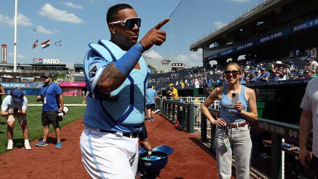 KANSAS CITY, MISSOURI - MAY 07: Salvador Perez #13 of the Kansas City Royals points to the crowd after the Royals defeated the Oakland Athletics 5-1 to win the game at Kauffman Stadium on May 07, 2023 in Kansas City, Missouri.