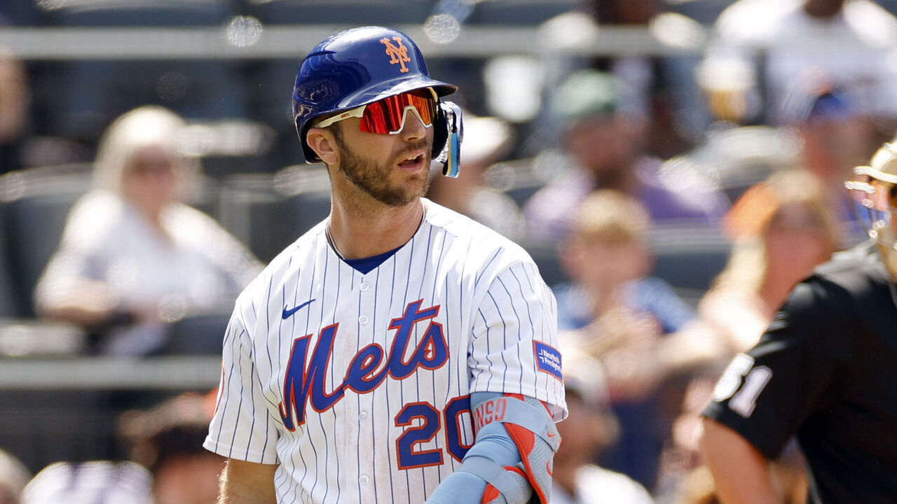 NEW YORK, NEW YORK - MAY 07: Pete Alonso #20 of the New York Mets reacts after striking out with the bases loaded during the fourth inning against the Colorado Rockies at Citi Field on May 07, 2023 in the Flushing neighborhood of the Queens borough of New York City.