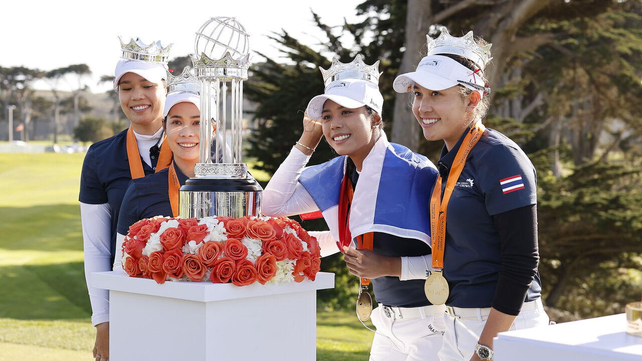 SAN FRANCISCO, CALIFORNIA - MAY 7: (L-R) Ariya Jutanugarn, Moriya Jutanugarn, Patty Tavatanakit and Atthaya Thitikul of Team Thailand pose with the winners trophy after defeating Team Australia during their Championship match in the Hanwha LIFEPLUS International Crown at TPC Harding Park on May 7, 2023 in San Francisco, California.