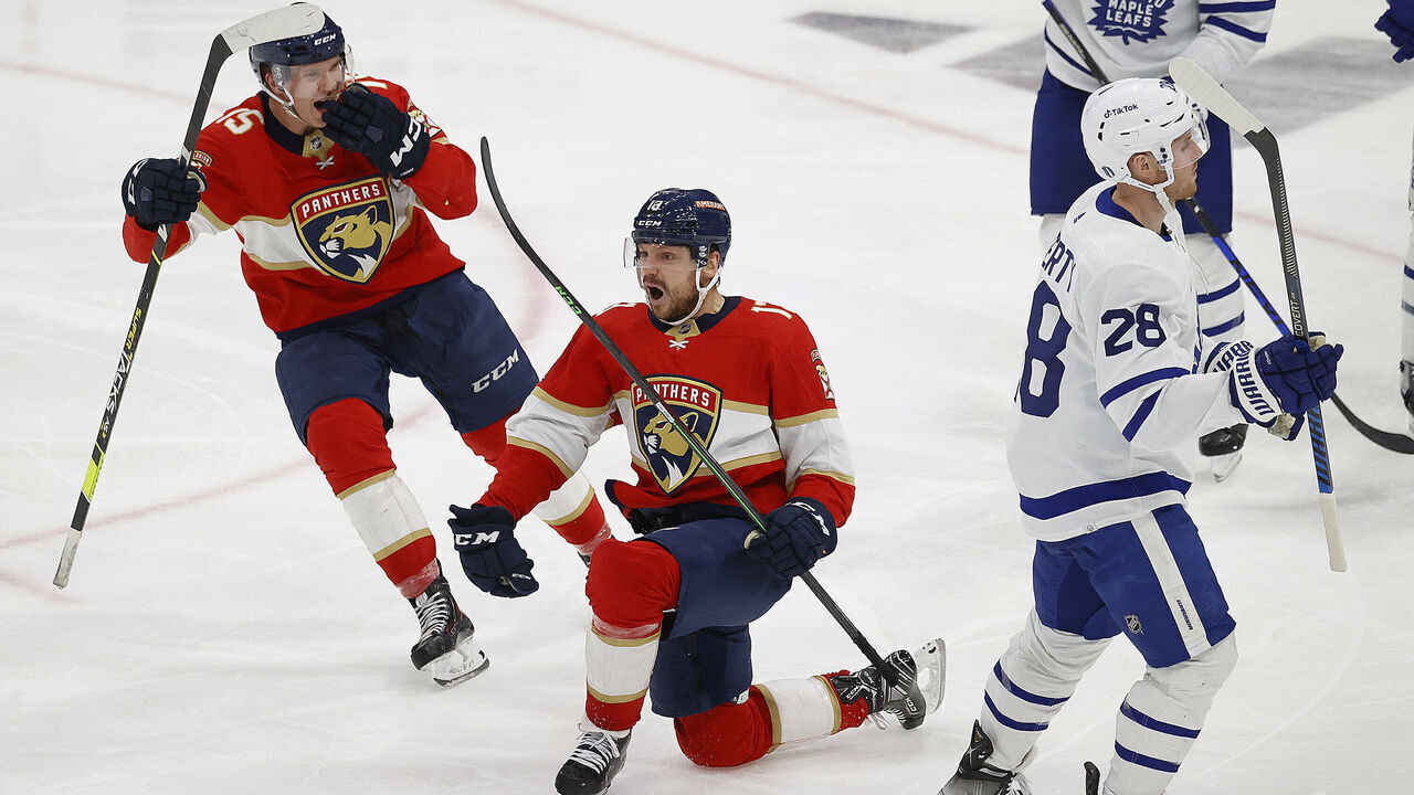 SUNRISE, FLORIDA - MAY 7: Sam Reinhart #13 of the Florida Panthers celebrates his game winning goal in overtime against the Toronto Maple Leafs in Game Three of the Second Round of the 2023 Stanley Cup Playoffs at the FLA Live Arena on May 7, 2023 in Sunrise, Florida.