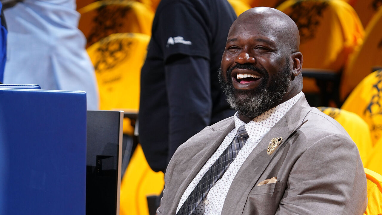 SAN FRANCISCO, CA - MAY 26: TNT Analyst, Shaquille O'Neal looks on and smiles before the game between the Dallas Mavericks and the Golden State Warriors during Game 5 of the 2022 NBA Playoffs Western Conference Finals on May 26, 2022 at Chase Center in San Francisco, California. NOTE TO USER: User expressly acknowledges and agrees that, by downloading and or using this photograph, user is consenting to the terms and conditions of Getty Images License Agreement. Mandatory Copyright Notice: Copyright 2022 NBAE