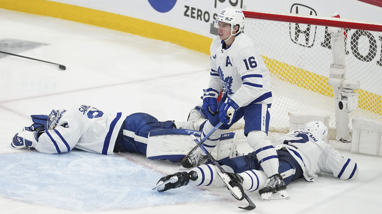 SUNRISE, FL - MAY 07: Both Toronto Maple Leafs goaltender Ilya Samsonov (35) and Toronto Maple Leafs defenseman Luke Schenn (2) go down after a collision in the second period during game three of the Eastern Conference Second Round Playoff game between the Toronto Maple Leafs and the Florida Panthers on Sunday, May 7, 2023 at FLA Live Area, Sunrise, Fla.