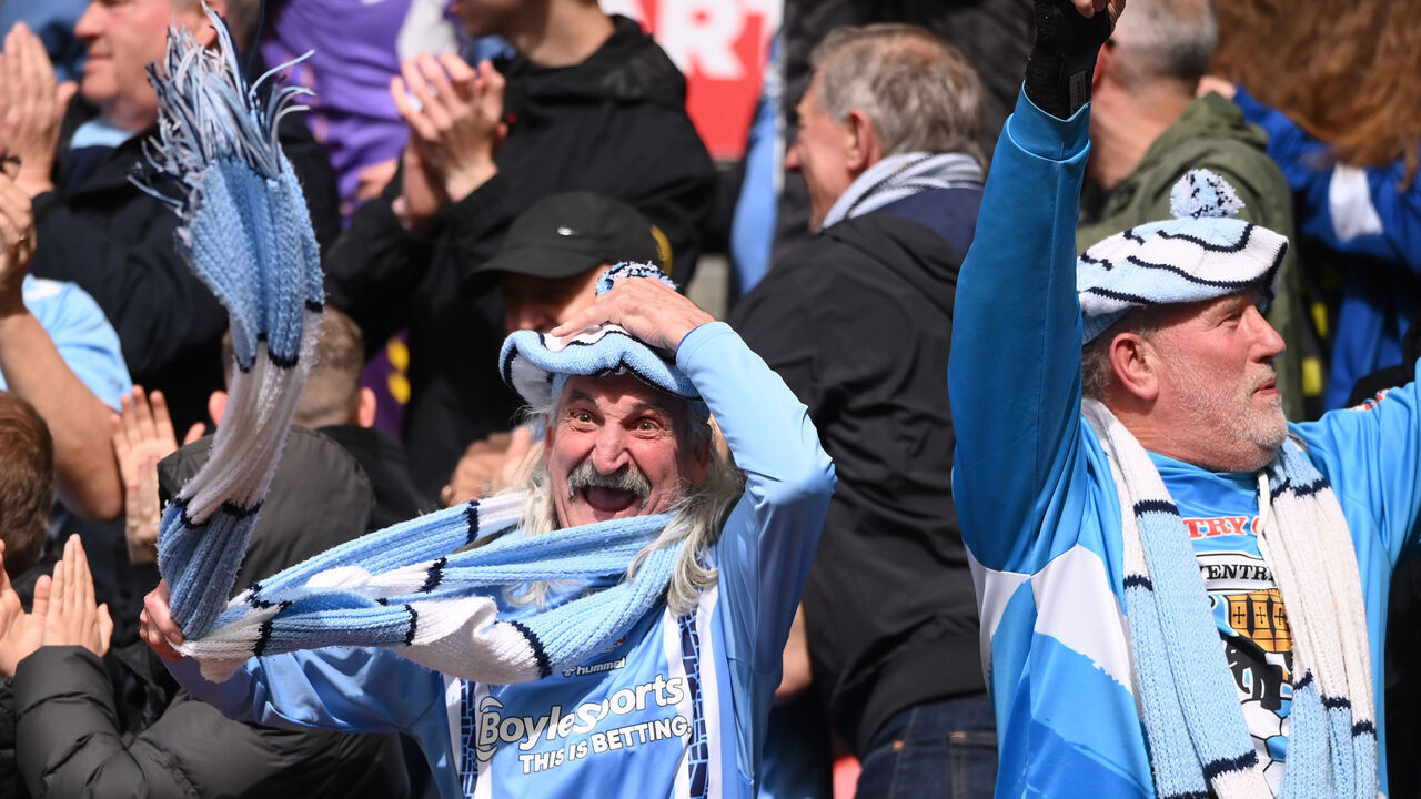 MIDDLESBROUGH, ENGLAND - MAY 08: A Coventry City fan celebrates the opening goal during the Sky Bet Championship between Middlesbrough and Coventry City at Riverside Stadium on May 08, 2023 in Middlesbrough, England.