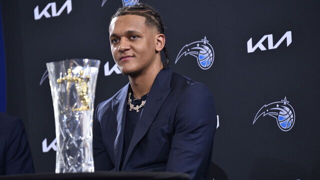 LAKELAND, FL - APRIL 26: Paolo Banchero #5 of the Orlando Magic talks to the media after receiving the 2022-23 Kia NBA Rookie of the Year Award on April 26, 2023 at the AdventHealth Training Center in Orlando, Florida. Mandatory Copyright Notice: Copyright 2023 NBAE