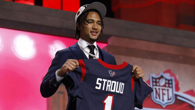 KANSAS CITY, MISSOURI - APRIL 27: C.J. Stroud poses after being selected second overall by the Houston Texans during the first round of the 2023 NFL Draft at Union Station on April 27, 2023 in Kansas City, Missouri.