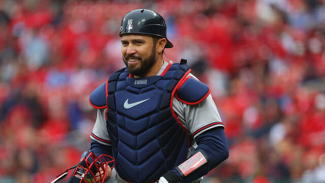 ST LOUIS, MO - APRIL 05: Travis d'Arnaud #16 of the Atlanta Braves looks on during a game against the St. Louis Cardinals at Busch Stadium on April 5, 2023 in St Louis, Missouri.