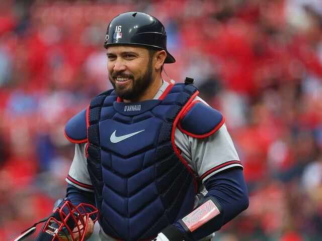 ST LOUIS, MO - APRIL 05: Travis d'Arnaud #16 of the Atlanta Braves looks on during a game against the St. Louis Cardinals at Busch Stadium on April 5, 2023 in St Louis, Missouri.