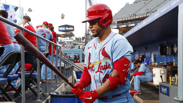 LOS ANGELES, CA - APRIL 29: St. Louis Cardinals designated hitter Willson Contreras (40) walks through the dugout to the on deck circle during a regular season game between the St. Louis Cardinals and Los Angeles Dodgers on April 29, 2023 at Dodger Stadium in Los Angeles, CA.