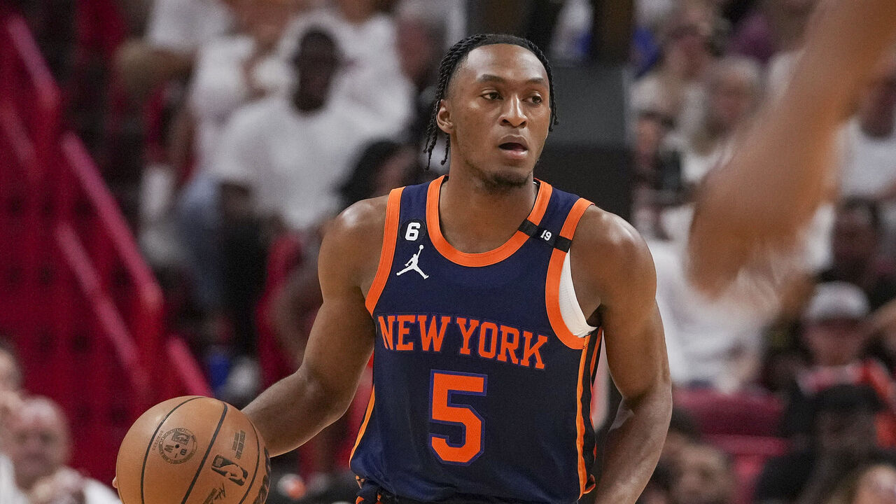 MIAMI, FLORIDA - MAY 06: Immanuel Quickley #5 of the New York Knicks bring the ball upcourt during game three of the Eastern Conference Semifinals at Kaseya Center on May 06, 2023 in Miami, Florida. NOTE TO USER: User expressly acknowledges and agrees that, by downloading and or using this photograph, User is consenting to the terms and conditions of the Getty Images License Agreement.