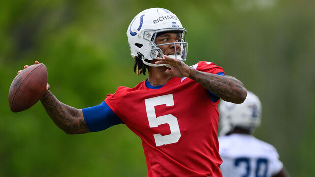 INDIANAPOLIS, IN - MAY 06: Indianapolis Colts quarterback Anthony Richardson (5) runs through a drill during the Indianapolis Colts rookie camp practice on May 6, 2023 at the Indiana Farm Bureau Football Center in Indianapolis, IN.