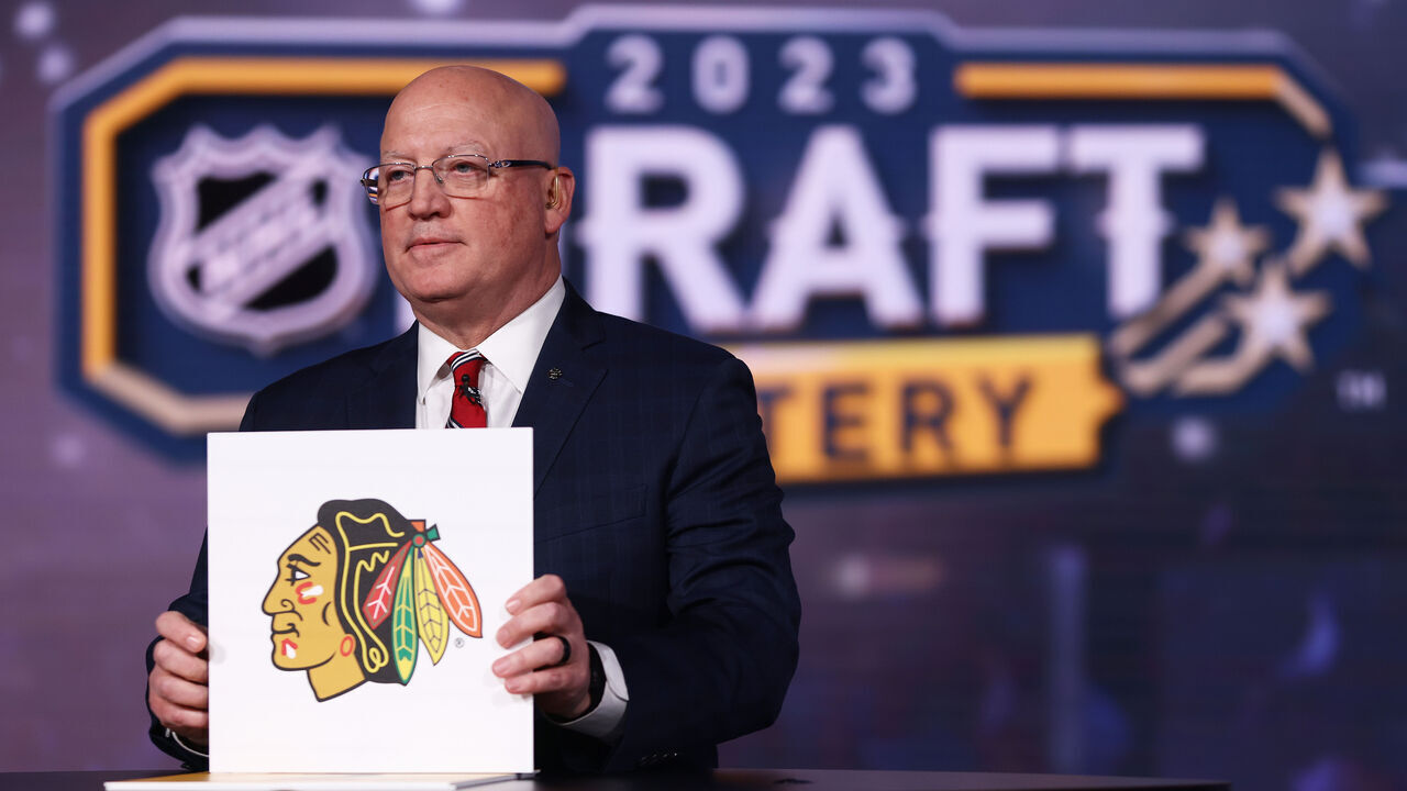SECAUCUS, NEW JERSEY - MAY 08: National Hockey League Deputy Commissioner Bill Daly announces the Chicago Blackhawks #1 overall draft position during the 2023 NHL Draft Lottery on May 08, 2023 at NHL Network Studio in Secaucus, New Jersey.