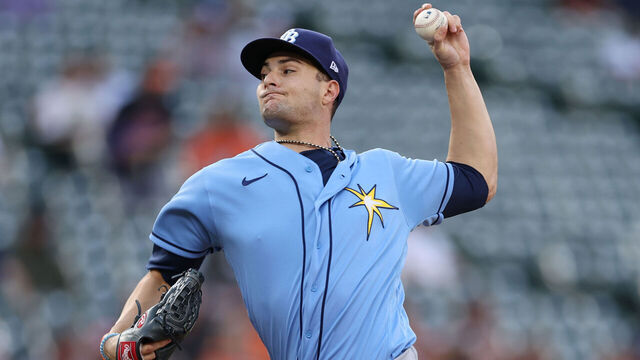 BALTIMORE, MARYLAND - MAY 08: Starting pitcher Shane McClanahan #18 of the Tampa Bay Rays works the first inning against the Baltimore Orioles at Oriole Park at Camden Yards on May 8, 2023 in Baltimore, Maryland.