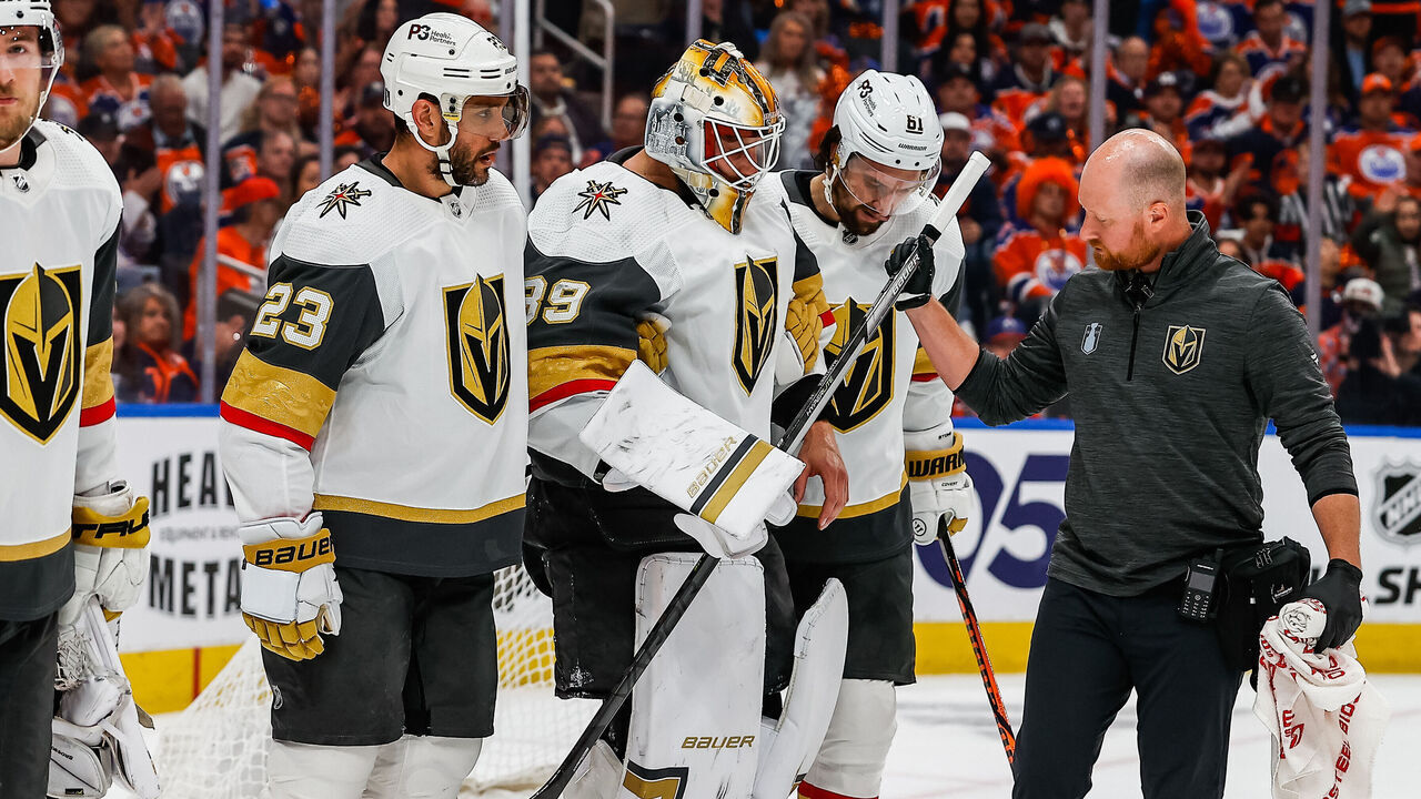 EDMONTON, AB - MAY 08: Vegas Golden Knights Goalie Laurent Brossoit (39) is injured and leaves the game in the first period of game three in the Western Conference Second Round of the Edmonton Oilers versus the Las Vegas Golden Knights on May 08, 2023 at Rogers Place in Edmonton, AB.