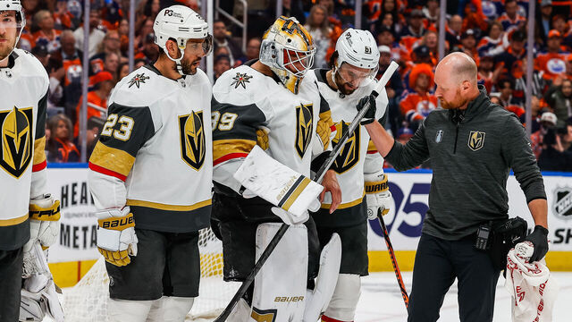 EDMONTON, AB - MAY 08: Vegas Golden Knights Goalie Laurent Brossoit (39) is injured and leaves the game in the first period of game three in the Western Conference Second Round of the Edmonton Oilers versus the Las Vegas Golden Knights on May 08, 2023 at Rogers Place in Edmonton, AB.