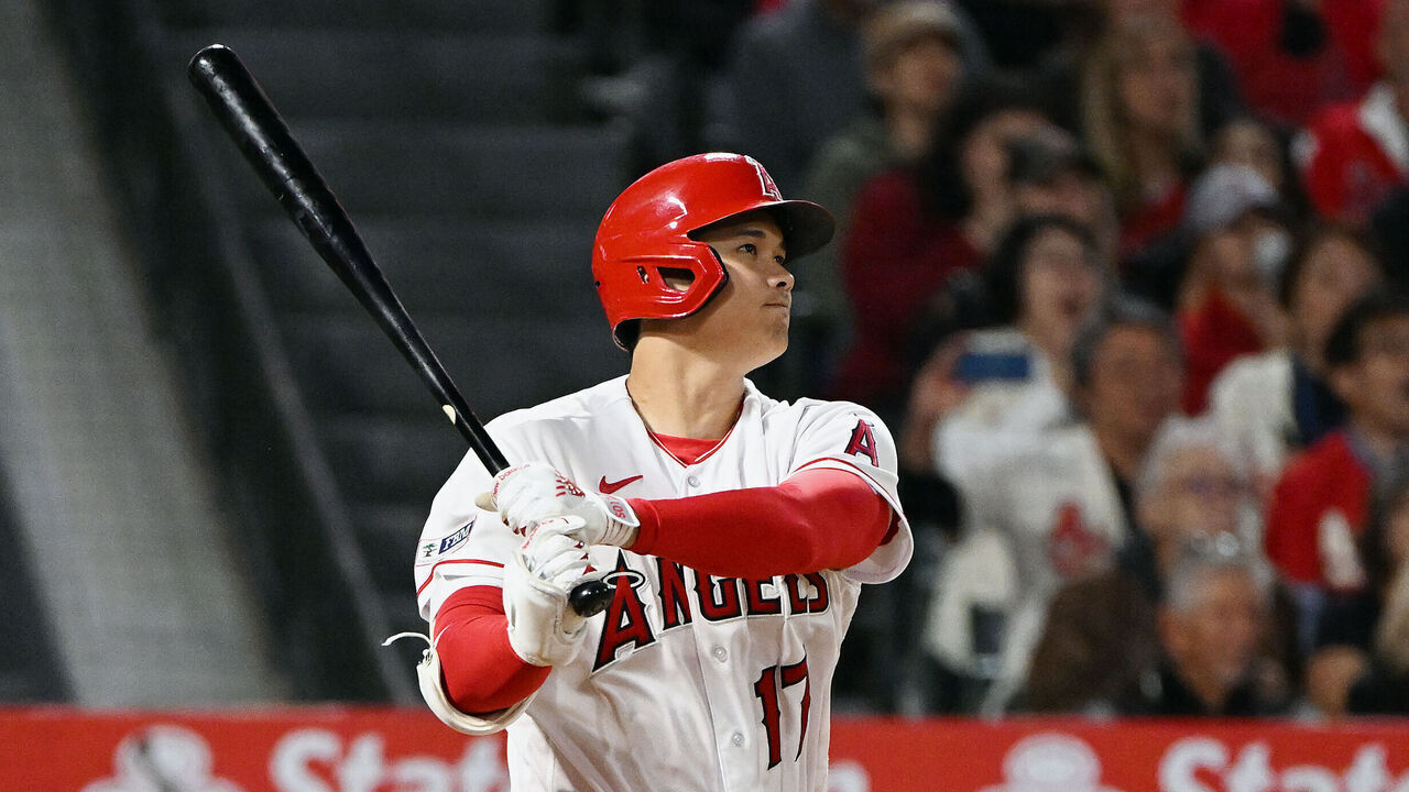 ANAHEIM, CA - MAY 08: Los Angeles Angels designated hitter Shohei Ohtani (17) hits a double during the fifth inning of an MLB baseball game against the Houston Astros played on May 8, 2023 at Angel Stadium in Anaheim, CA.