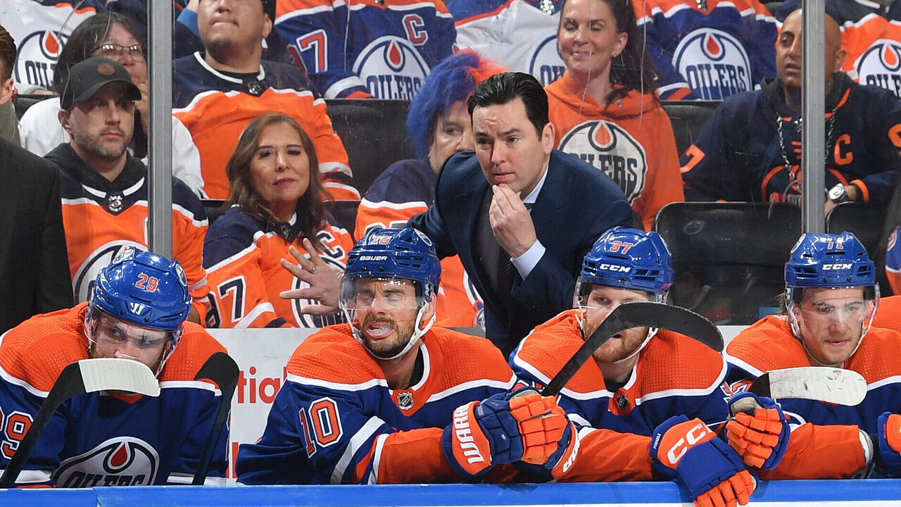 EDMONTON, CANADA - MAY 8: Head coach Jay Woodcroft of the Edmonton Oilers looks on during Game Three of the Second Round of the 2023 Stanley Cup Playoffs against the Vegas Golden Knights at Rogers Place on May 8, 2023, in Edmonton, Alberta, Canada.