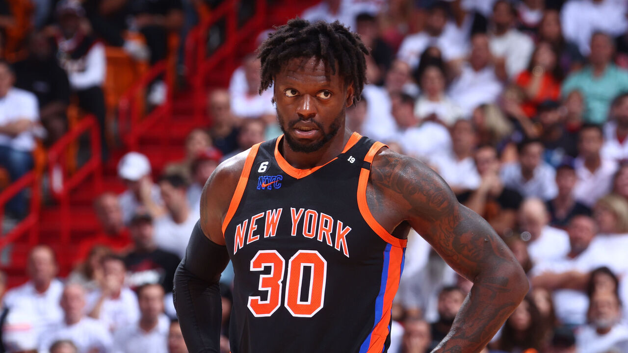 MIAMI, FL - MAY 8: Julius Randle #30 of the New York Knicks looks on during Game Four of the Eastern Conference Semi-Finals of the 2023 NBA Playoffs against the Miami Heat on May 8, 2023 at Miami-Dade Arena in Miami, Florida. Mandatory Copyright Notice: Copyright 2023 NBAE