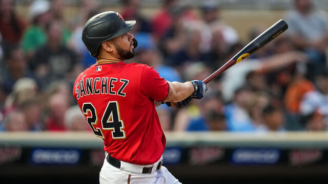 MINNEAPOLIS, MN - AUGUST 26: Gary Sánchez #24 of the Minnesota Twins bats against the San Francisco Giants on August 26, 2022 at Target Field in Minneapolis, Minnesota.