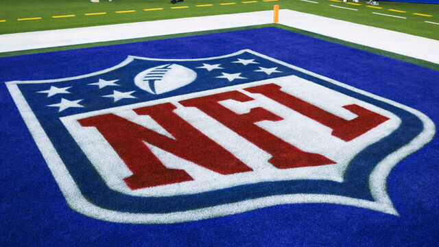 INGLEWOOD, CA - OCTOBER 30: Detail view of an NFL shield logo on the field during an NFL football game between the San Francisco 49ers and the Los Angeles Rams on October 30, 2022 at SoFi Stadium in Inglewood, CA.