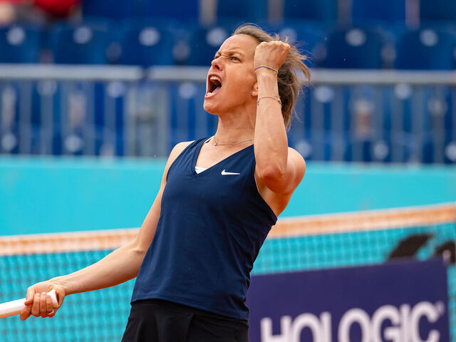 MADRID, SPAIN - APRIL 29: Barbora Stryocva of the Czech Republic in action with partner Su-Wei Hsieh of Chinese Taipeh against Hao-Ching Chan of Chinese Taipeh and Latisha Chan of Chinese Taipeh in the first round of doubles on Day Six of the Mutua Madrid Open at La Caja Magica on April 29, 2023 in Madrid, Spain
