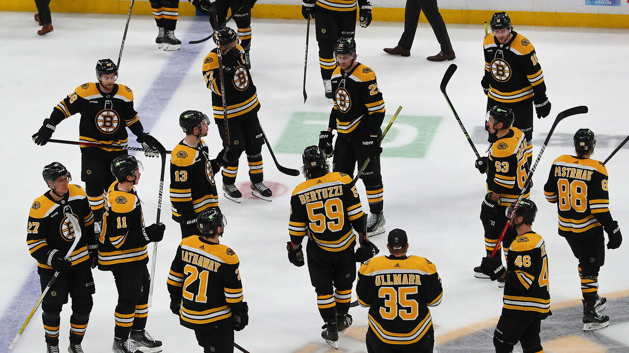 Boston, MA - April 30: Boston Bruins players linger on the ice following the game. The Bruins lost to the Florida Panthers, 4-3, in Game 7 of their Eastern Conference First Round Series.