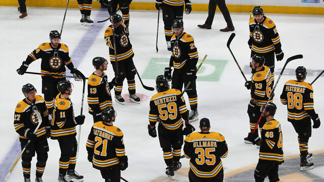 Boston, MA - April 30: Boston Bruins players linger on the ice following the game. The Bruins lost to the Florida Panthers, 4-3, in Game 7 of their Eastern Conference First Round Series.