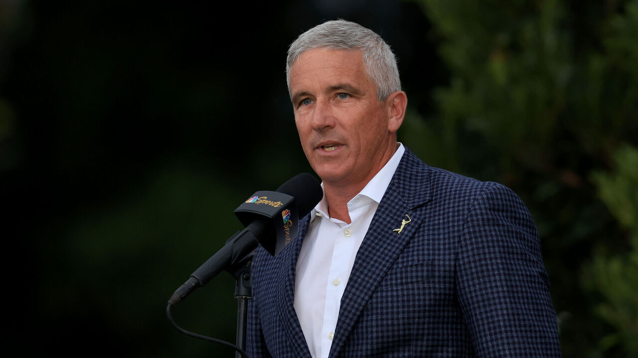 PONTE VEDRA BEACH, FLORIDA - MARCH 12: Jay Monahan, PGA TOUR Commissioner, speaks during the trophy ceremony during the final round of THE PLAYERS Championship on THE PLAYERS Stadium Course at TPC Sawgrass on March 12, 2023 in Ponte Vedra Beach, Florida.
