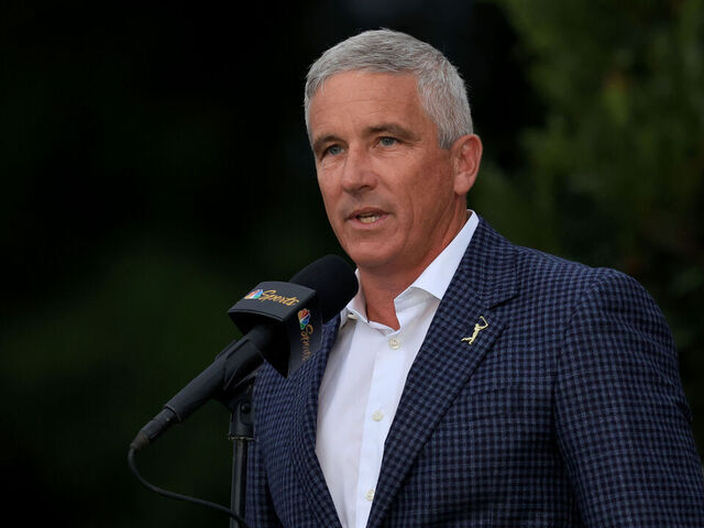 PONTE VEDRA BEACH, FLORIDA - MARCH 12: Jay Monahan, PGA TOUR Commissioner, speaks during the trophy ceremony during the final round of THE PLAYERS Championship on THE PLAYERS Stadium Course at TPC Sawgrass on March 12, 2023 in Ponte Vedra Beach, Florida.