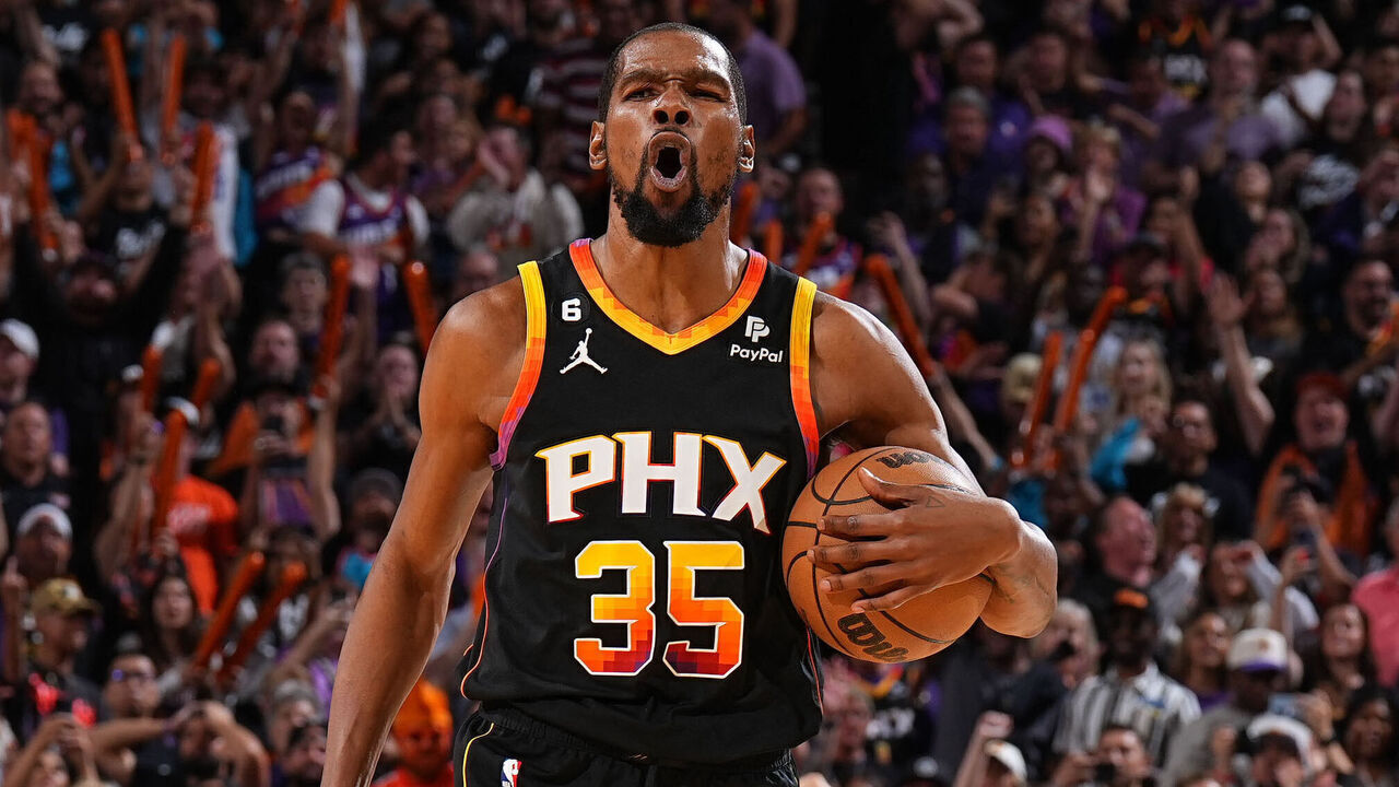 PHOENIX, AZ - MAY 7: Kevin Durant #35 of the Phoenix Suns celebrates during the game against the Denver Nuggets during the Western Conference Semi Finals of the 2023 NBA Playoffs on May 7, 2022 at Footprint Center in Phoenix, Arizona. Mandatory Copyright Notice: Copyright 2022 NBAE