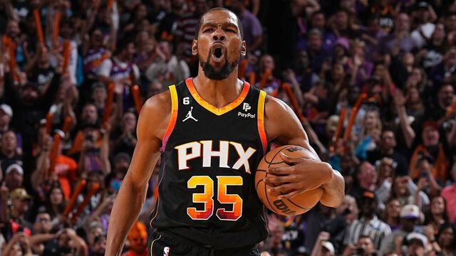 PHOENIX, AZ - MAY 7: Kevin Durant #35 of the Phoenix Suns celebrates during the game against the Denver Nuggets during the Western Conference Semi Finals of the 2023 NBA Playoffs on May 7, 2022 at Footprint Center in Phoenix, Arizona. Mandatory Copyright Notice: Copyright 2022 NBAE