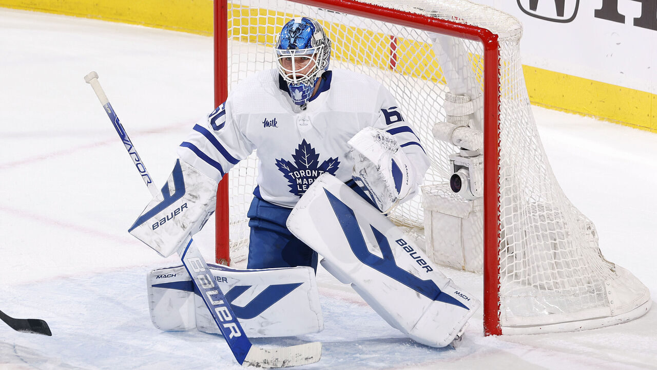 SUNRISE, FL - MAY 7: Goaltender Joseph Woll #60 of the Toronto Maple Leafs defends the net against the Florida Panthers in Game Three of the Second Round of the 2023 Stanley Cup Playoffs at the FLA Live Arena on May 7, 2023 in Sunrise, Florida. The Panthers defeated the Maple Leafs 3-2 in overtime.