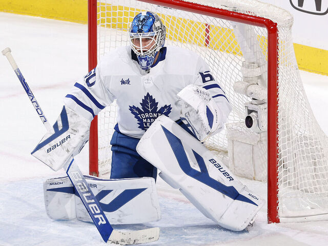 SUNRISE, FL - MAY 7: Goaltender Joseph Woll #60 of the Toronto Maple Leafs defends the net against the Florida Panthers in Game Three of the Second Round of the 2023 Stanley Cup Playoffs at the FLA Live Arena on May 7, 2023 in Sunrise, Florida. The Panthers defeated the Maple Leafs 3-2 in overtime.