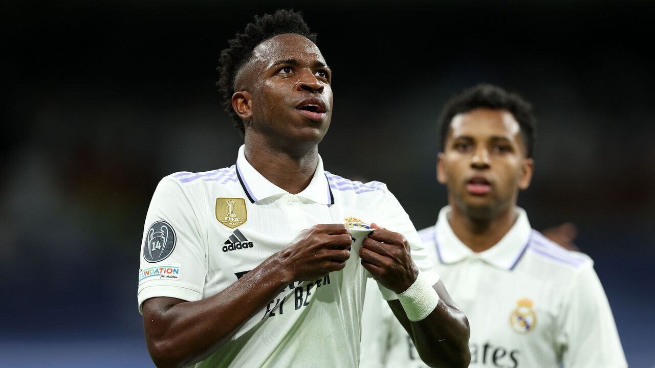 MADRID, SPAIN - MAY 09: Vinicius Junior of Real Madrid celebrates after scoring the team's first goal during the UEFA Champions League semi-final first leg match between Real Madrid and Manchester City FC at Estadio Santiago Bernabeu on May 09, 2023 in Madrid, Spain.